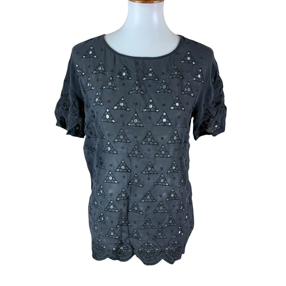 Broadway And Broome Black Silk Eyelet‎ Embroidered Short Sleeve Blouse Small